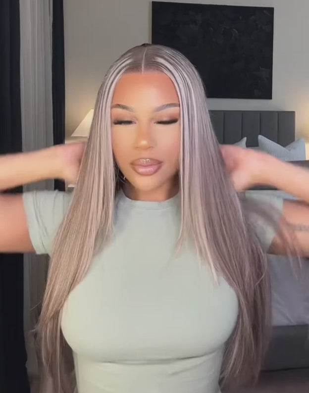 Icy-Ombre Smoky With Icy Blonde Silky Straight Lace Front Human Hair Wigs With Dark Roots