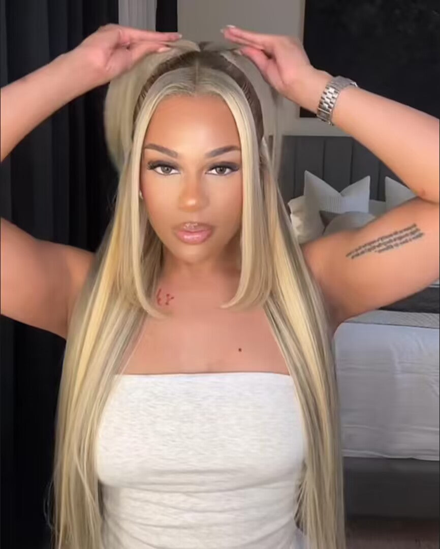 Yuli-Super Deal Ombre Golden Blonde Balayage Brown Highlight Straight 13x6 Lace Front Wig Medium Cap Size Limited