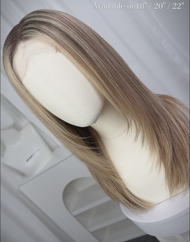 Video showing 18-inch Samina ombre ash blonde balayage layered straight human hair wig with dark roots on a mannequin head from Jessie's Wig.