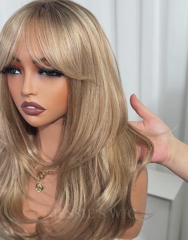 Alba- Minimalist Lace Brown Ombre With Blonde Wavy Layered Wig With Curtain Bangs Dark Roots Wigs For Women