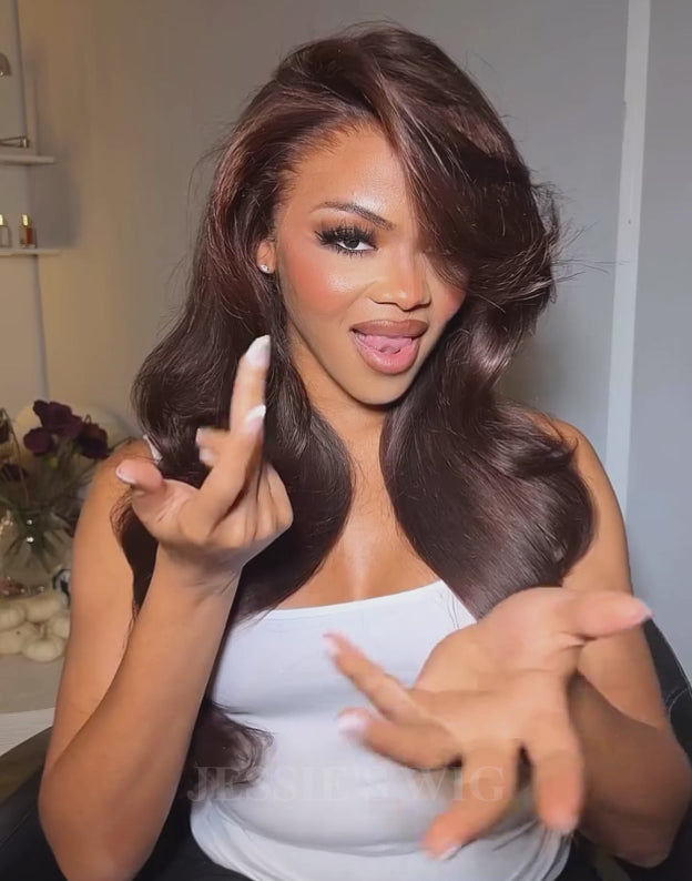 Anne- Cherry Brown Blowout Style Side Bangs Long Wavy Layered Half Up Half Down Glueless Wig Pre Cut Lace