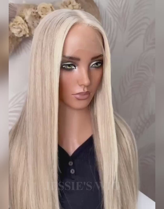 Kola- Ashy Dark Blonde With Platinum Blonde Balayage Straight Lace Front Wig
