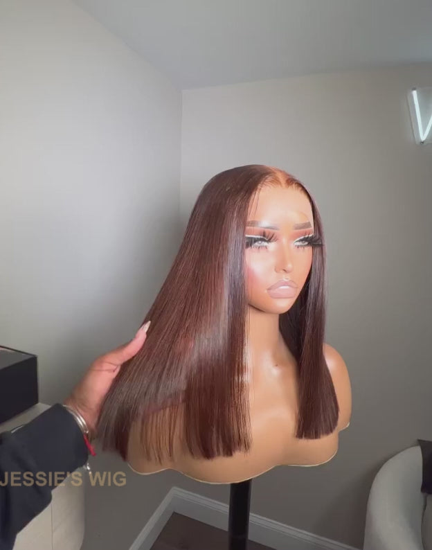 Holly- Glueless Chocolate Brown/Natural Black Long Bob Cut Wig 13x4 Lace Front Wigs Straight Bob Wig Human Hair