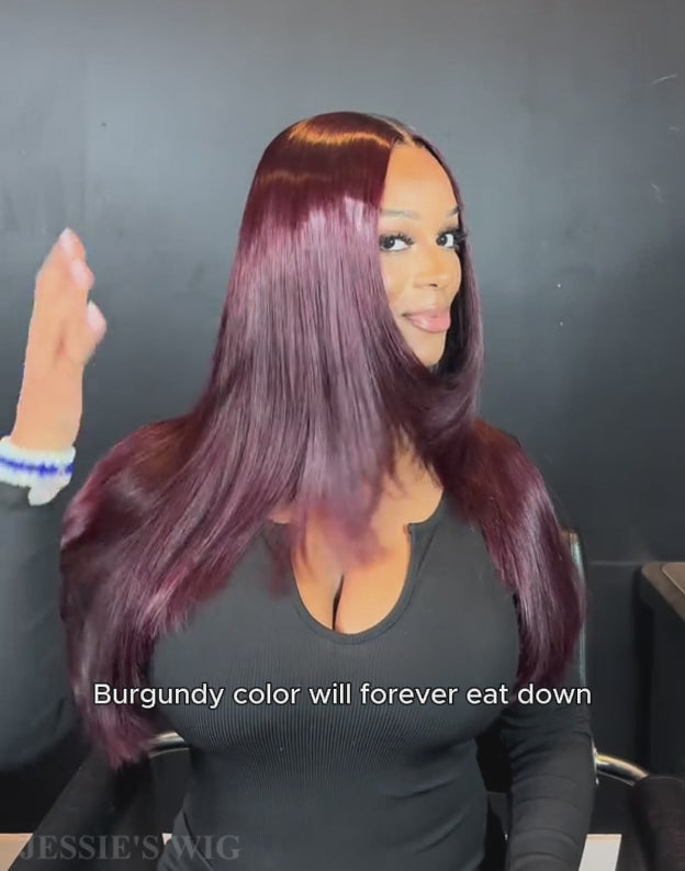[Ready To Ship Only For US] Burgundy Color Glueless Straight Layered Human Hair Wigs Pre Cut Lace