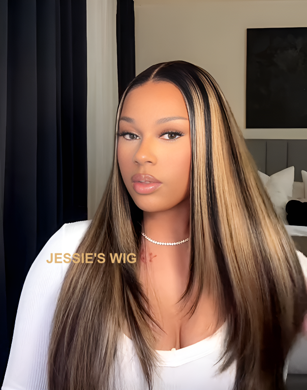 Della- With Drawstring Highlight Honey Straight Layer Cut Wig Pre Cut Lace Glueless Wig
