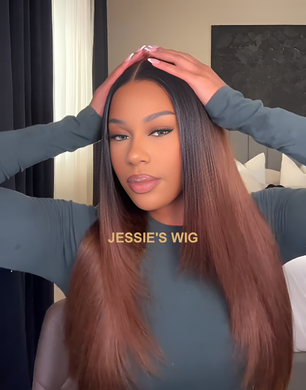 Calista- With Drawstring Ombre Brown Color Straight Glueless Wig Pre Cut Lace Human Hair