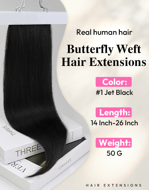 Real human hair butterfly weft hair extensions in #1 Jet Black, 50g weight, available in 14 to 26 inches length.