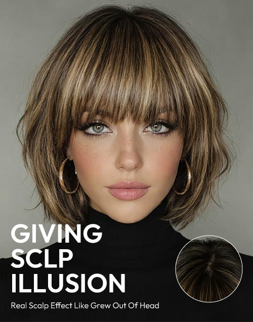 Model wearing a balayage blonde bob wig with bangs, featuring a close-up inset showing the realistic scalp illusion top.