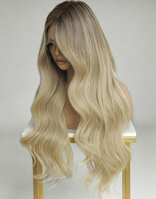 Osama- Long Ombre Blonde Wavy 13x6 Glueless Human Hair Lace Front Wig With Dark Roots
