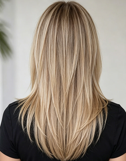 Back view of Samina long straight human hair wig showing layered V-cut ends and seamless ash blonde balayage highlights.
