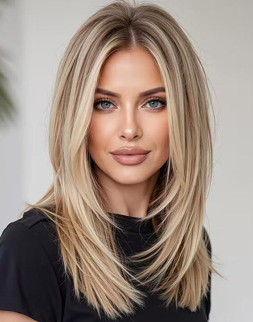 Front view of Samina long straight human hair wig with ash blonde balayage, dark shadow roots, and face-framing layered cut.