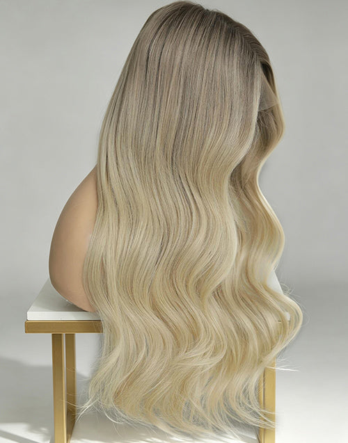 Osama- Long Ombre Blonde Wavy 13x6 Glueless Human Hair Lace Front Wig With Dark Roots