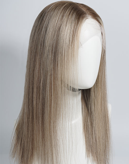 A long straight wig with a center part, displayed on a white mannequin head against a light gray background.