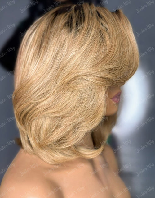 Kitty- Gluless Pull Go Ombre Honey Blonde Bob With Side Swept Fringe Bangs Shoulder Length Wig With Layers