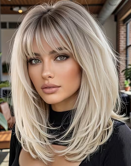 Star- Minimalist Lace Ash Blonde Ombre Straight Layered Wig With Bangs