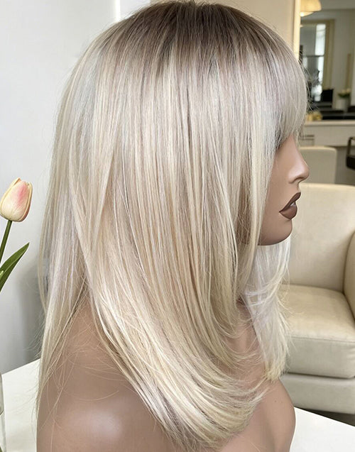 Right side profile view of the Star Minimalist Lace Wig, displaying ash blonde ombre straight hair with soft bangs.