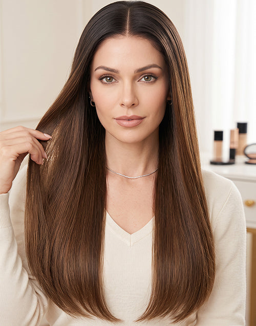 Woman wearing Trina 7x4.5 mono lace wig in ombre chestnut brown