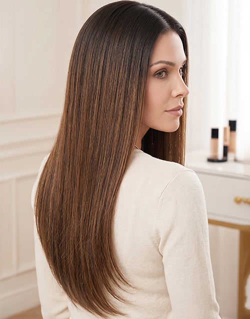 Back and side view of model wearing long straight Trina ombre chestnut brown human hair wig