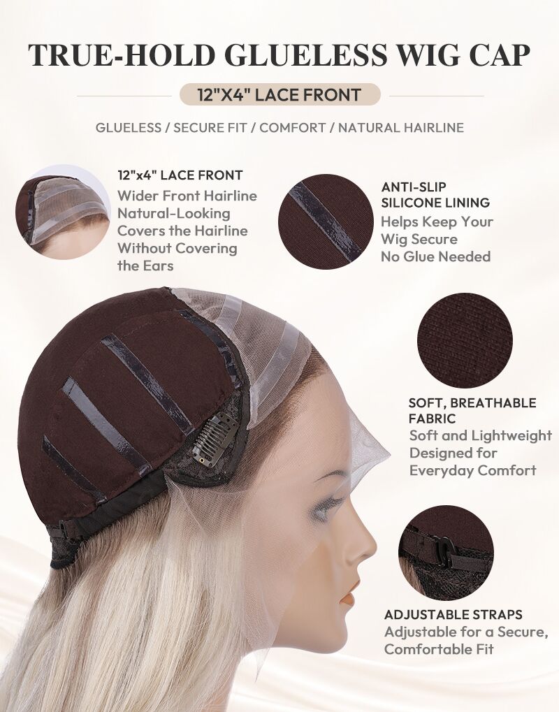Infographic detailing the features of a True-Hold 12x4 lace front glueless wig cap