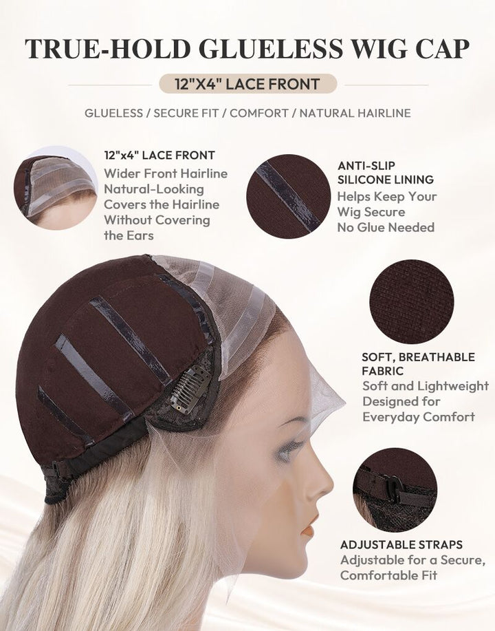 Infographic detailing the features of a True-Hold 12x4 lace front glueless wig cap