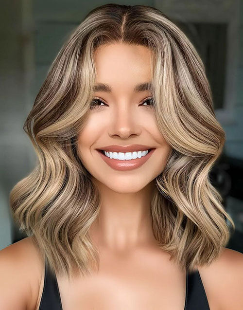 Zoe-Natural Balayage Brown And Blonde Highlights 13X4 Wavy Bob Human Hair Wig