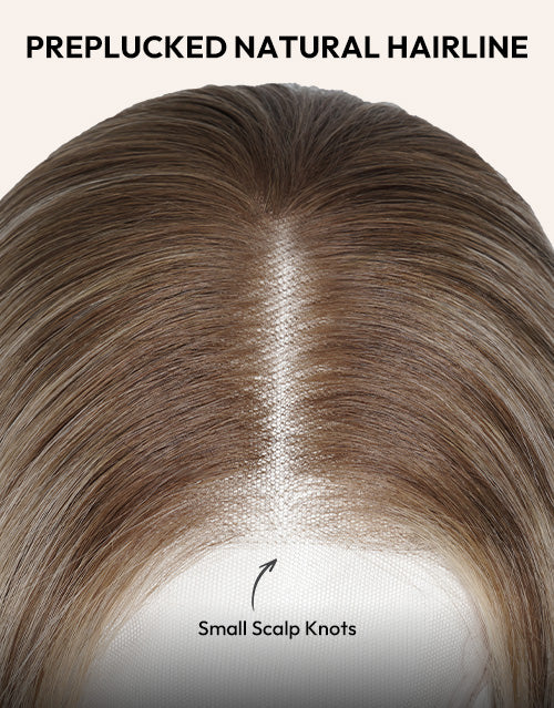 Close-up of a preplucked natural hairline wig top with brown hair.