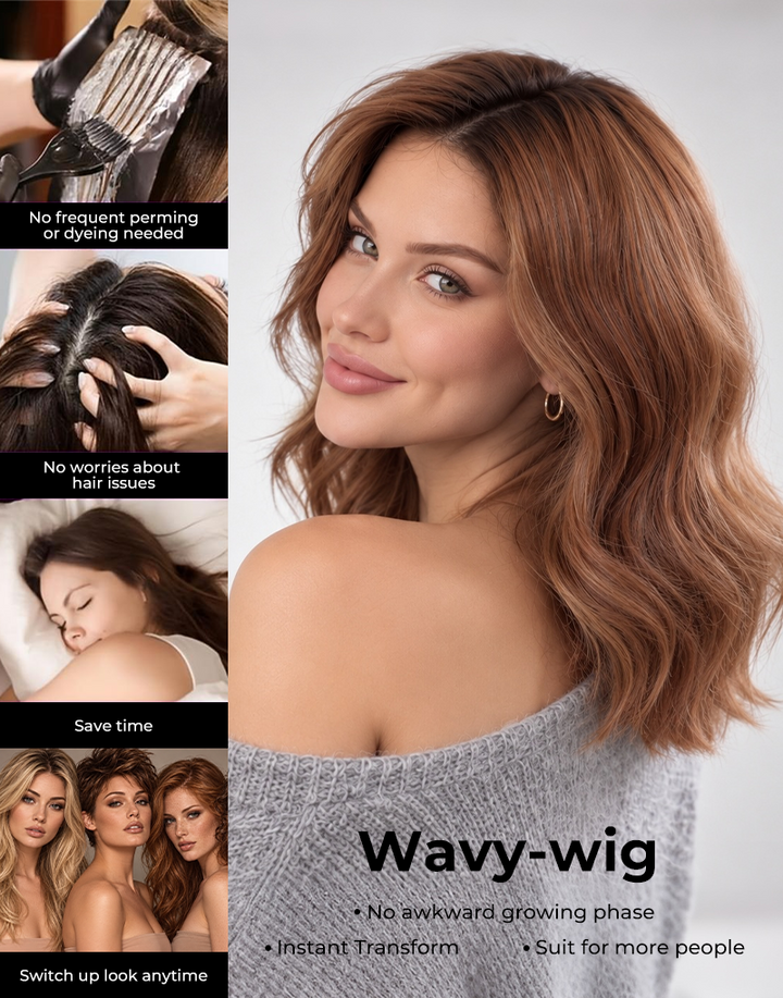 Infographic for a wavy copper brown with highlight wig featuring key benefits.