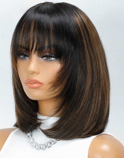 Face Framing Brown Highlight Glueless Wigs With Bangs Layered Bob Cut Pre Everything Wigs