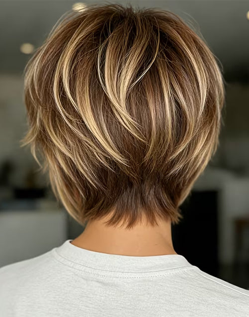 Back view portrait of the Yola Brown Golden Highlight Short Pixie Wig.