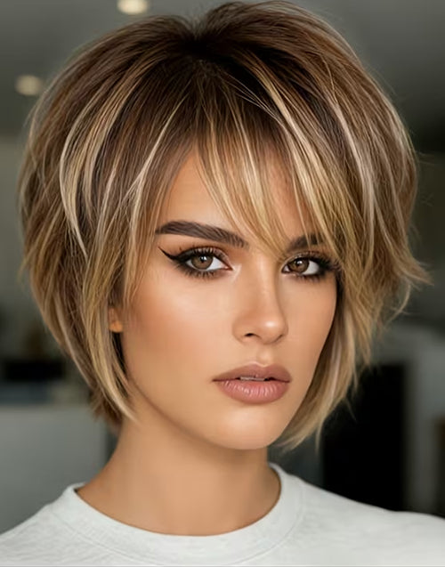 Front level portrait of the Yola Brown Golden Highlight Short Pixie Wig.