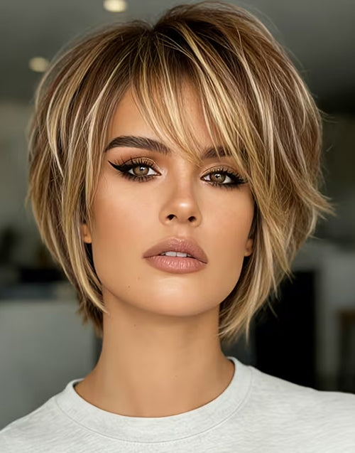 Yola- Brown Golden Highlight Short Pixie Cut Wig With Bangs None Lace