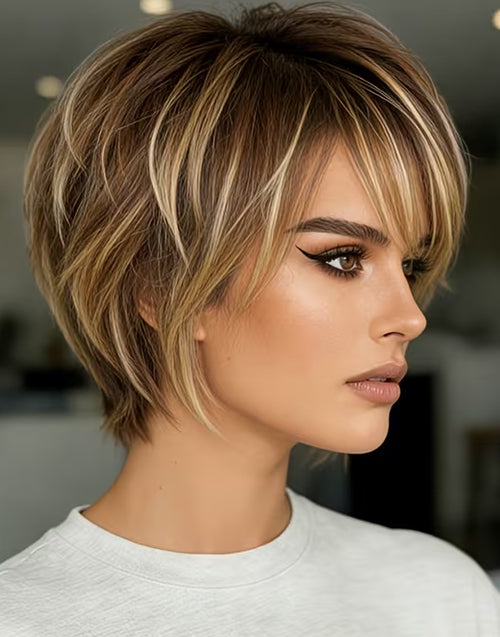 Right side profile view of the Yola Brown Golden Highlight Short Pixie Wig.
