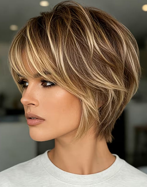 Yola- Brown Golden Highlight Short Pixie Cut Wig With Bangs None Lace