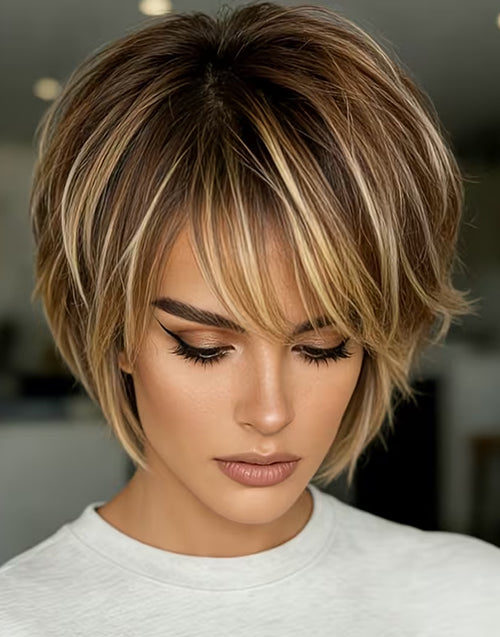 Top-angle close-up of the Yola Brown Golden Highlight Short Pixie Wig, highlighting the realistic scalp parting.