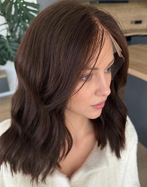 Close-up view of Yushy medium chestnut brown 13x4 lace front bob wig showing invisible hairline.