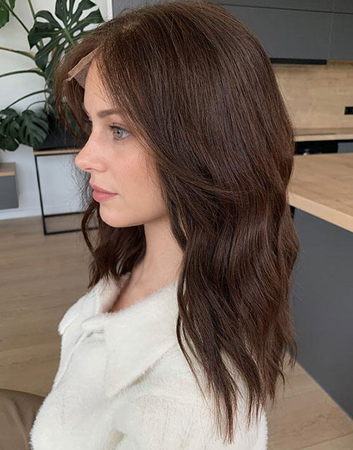 Full side profile view of Yushy medium chestnut brown 13x4 lace front bob wig
