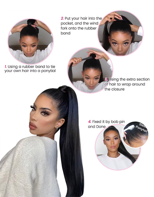 Ponytail Human Hair Extensions Straight Wrap Around Human Hair 12"-30" Ponytail Extension for Women