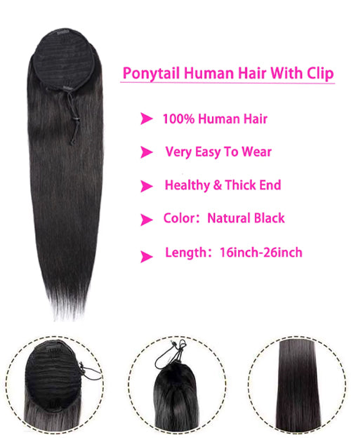 Ponytail Human Hair Extensions With Clip 12"-30" Straight Human Hair Drawstring Ponytail For Women 1 Piece