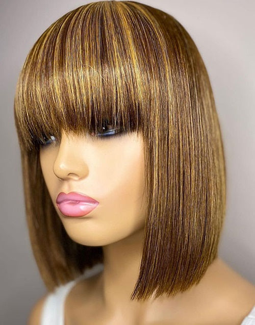 Trista- Highlight Honey Blonde Straight Bob Wig With Bangs Glueless Human Hair Wig With Fringe