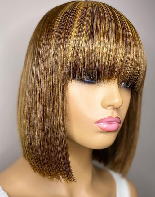 Trista- Highlight Honey Blonde Straight Bob Wig With Bangs Glueless Human Hair Wig With Fringe