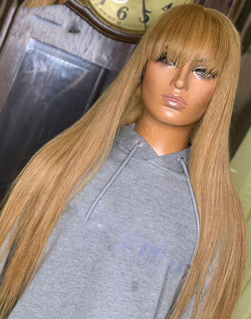 18" #27 Honey Color Straight Wig With Bangs Glueless Machinemade Wig With Fringe Flash Deal
