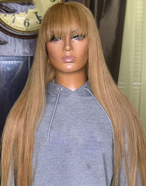 18" #27 Honey Color Straight Wig With Bangs Glueless Machinemade Wig With Fringe Flash Deal