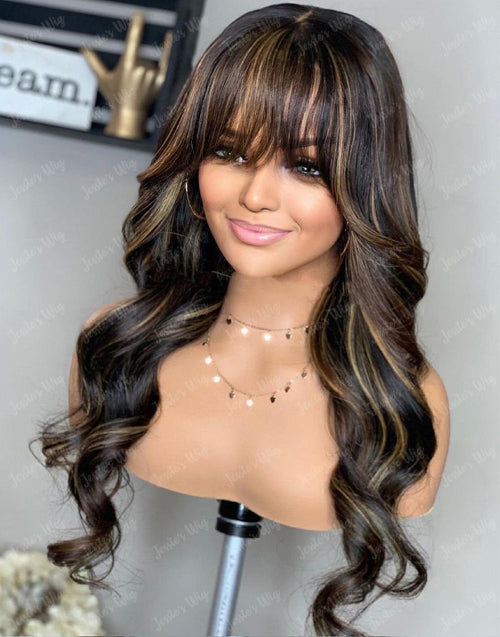 Cheryl- Pre Cut Highlight Honey Blonde Wig With Curtain Bangs Glueless Human Hair Lace Front Wigs