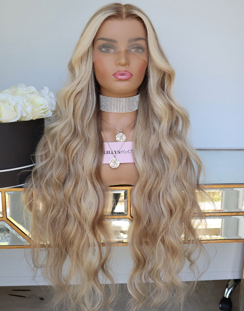 26" Ombre Highlight Ash Blonde Wavy 13x4 Lace Wig For Women Flash Deal