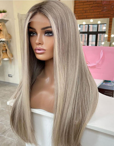 Glueless Highlight Ash Blonde With Grey Roots Ombre Colored Straight 13x4 Lace Frontal Wig