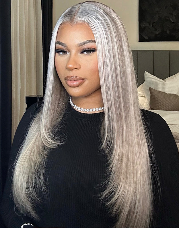 Aria- True-Hold Glueless Highlight Ash Blonde With Grey Roots Ombre Colored Straight 13x4 Lace Frontal Wig