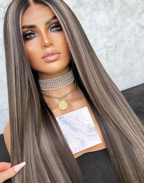 Icy-Ombre Smoky With Icy Blonde Silky Straight Lace Front Human Hair Wigs With Dark Roots