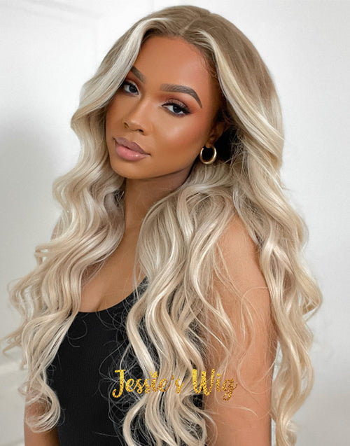 Zara-Ombre Ash Blonde Wavy Human Hair Wig Highlight 613 Body Wave Lace Front Wigs With Dark Roots