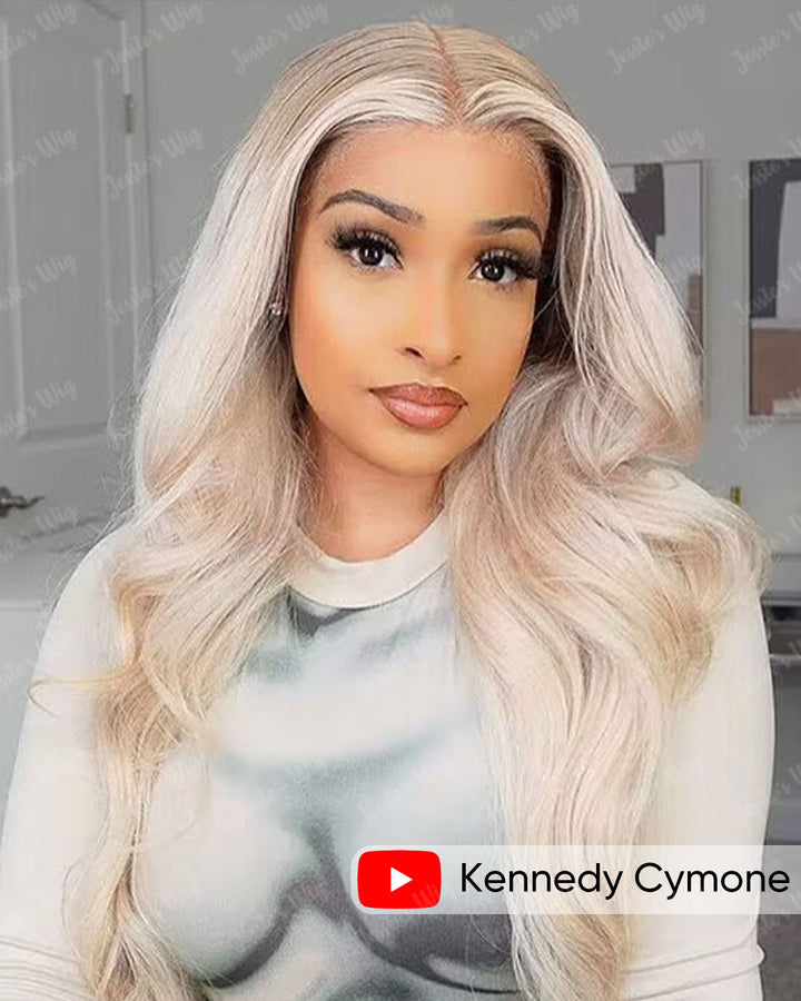 Zara-Ombre Ash Blonde Wavy Human Hair Wig Highlight 613 Body Wave Lace Front Wigs With Dark Roots