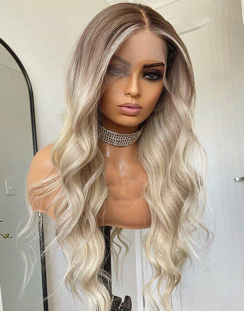 Zara-Ombre Ash Blonde Wavy Human Hair Wig Highlight 613 Body Wave Lace Front Wigs With Dark Roots